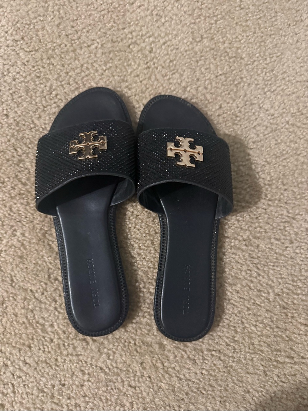 Tory Burch Black Slide Sandals with Gold Logo Accent - Picture 2 of 3